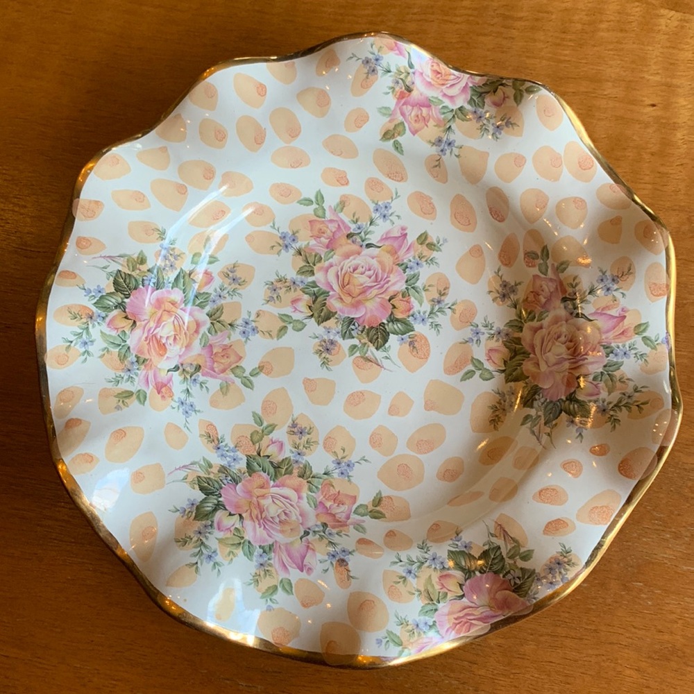 Lovely Mackenzie Childs ruffled bowl in the pink/cream pattern called Rose Petal